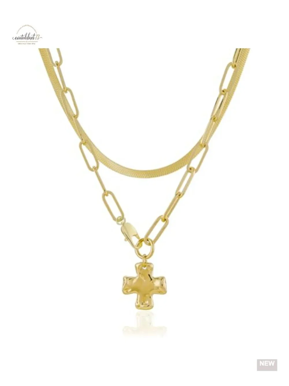 Chunky Cross Necklace Set 14K Gold Plated Paperclip Herringbone Chain